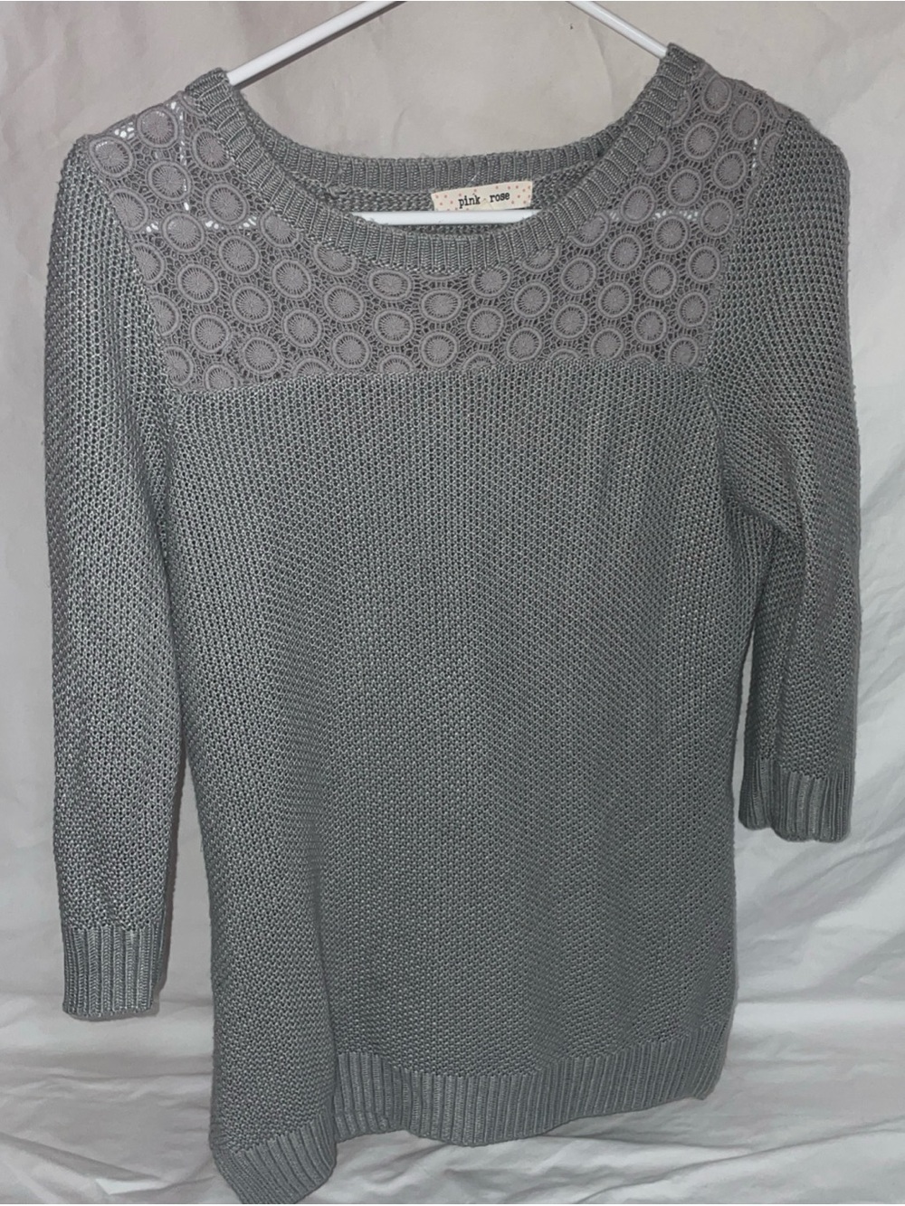 Pink Rose Gray Crochet Yoke Crewneck Sweater